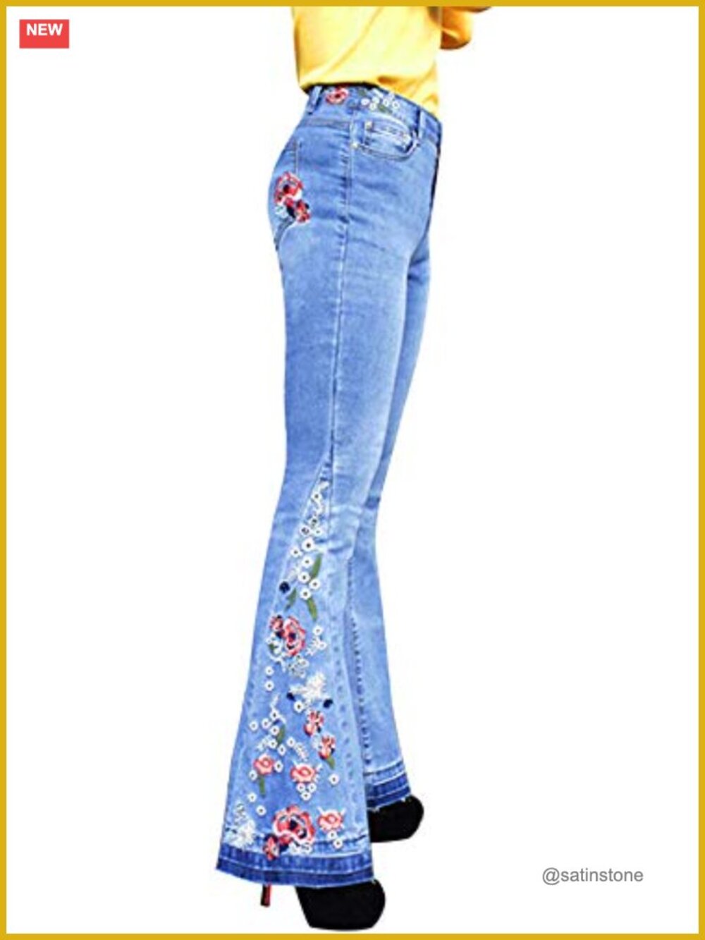 Boho Floral Embroidered Bell Bottom Jeans High Waist Retro 70s Stretch Denim - Picture 1 of 6